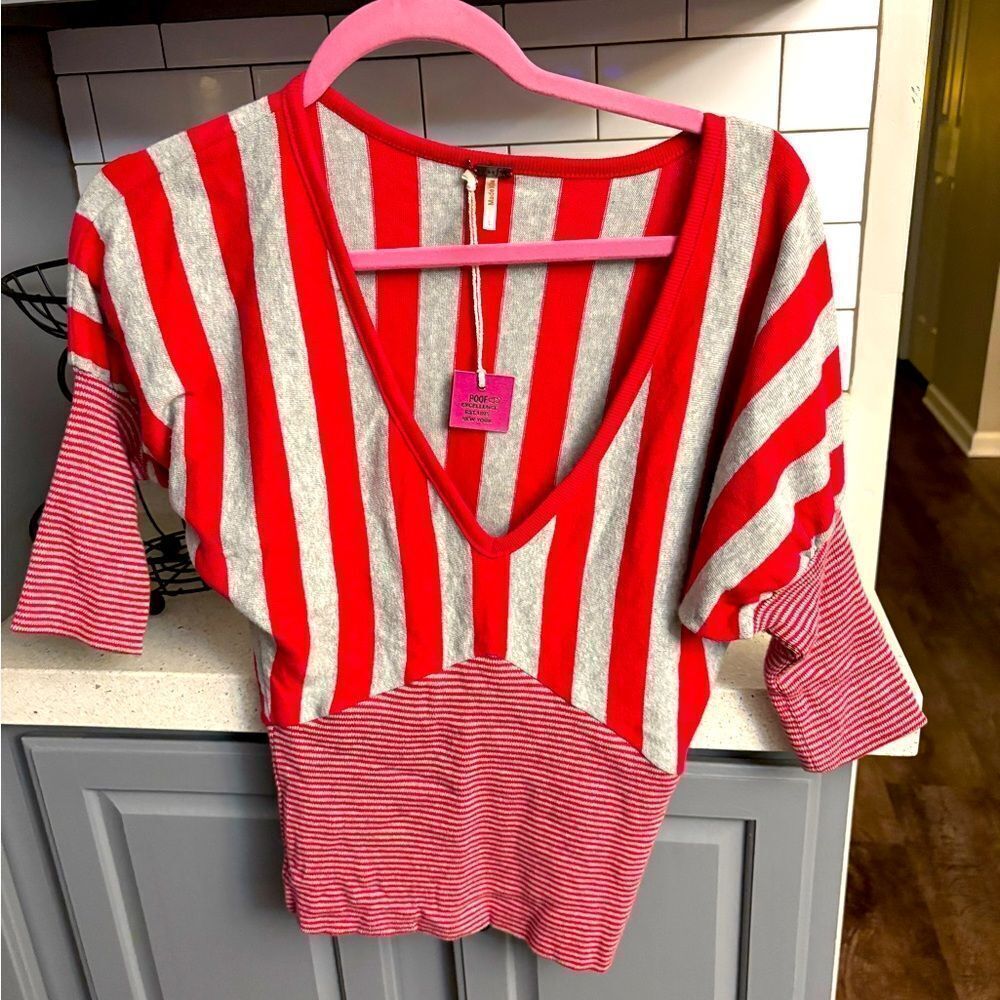 Pink and gray Striped V-Neck Top by Poof, NWT